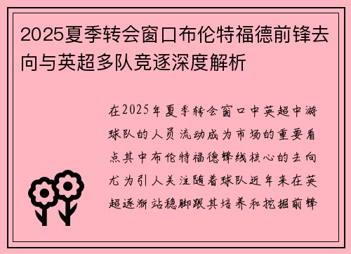 2025夏季转会窗口布伦特福德前锋去向与英超多队竞逐深度解析