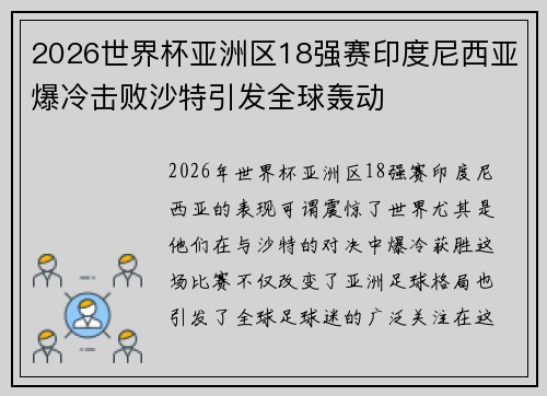 2026世界杯亚洲区18强赛印度尼西亚爆冷击败沙特引发全球轰动 2026世界杯亚洲区18强赛印度尼西亚爆冷击败沙特引发全球轰动
